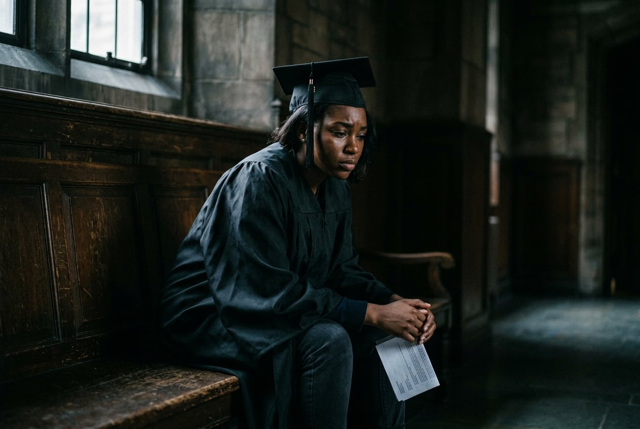 A young graduate reflecting on the weight of student debt
