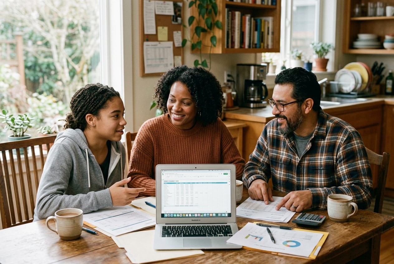 Parents and their teenager planning their education path together at home