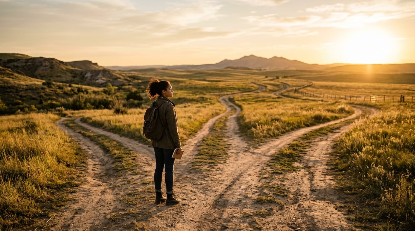 A young person standing at a crossroads deciding their future path